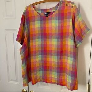 Lands' End Size 3X Picnic Plaid Shirt Linen Pink Yellow Boxy Blouse Top